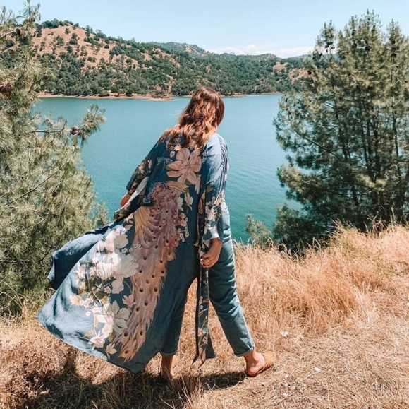 Dresses & Skirts - New Gypsy Floral Print Peacock Kimono Maxi Duster Jacket Robe Dusty Blue